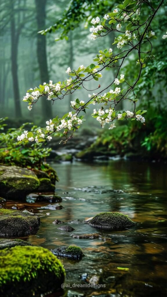 in the deep forest, there is an elegant tree branch hanging over the stream with white flowers blooming on it. the moss-covered stones in front of you have green leaves and small water ripples. in the distance, foggy forests can be seen. this scene creates a peaceful atmosphere that makes people feel like they have immersed themselves in nature. high-definition photography, high resolution, sharp focus, high detail, hdr, beautiful details, in the style of sony a7 iii camera. --ar 9:16 --quality 4 --v 7 Job
